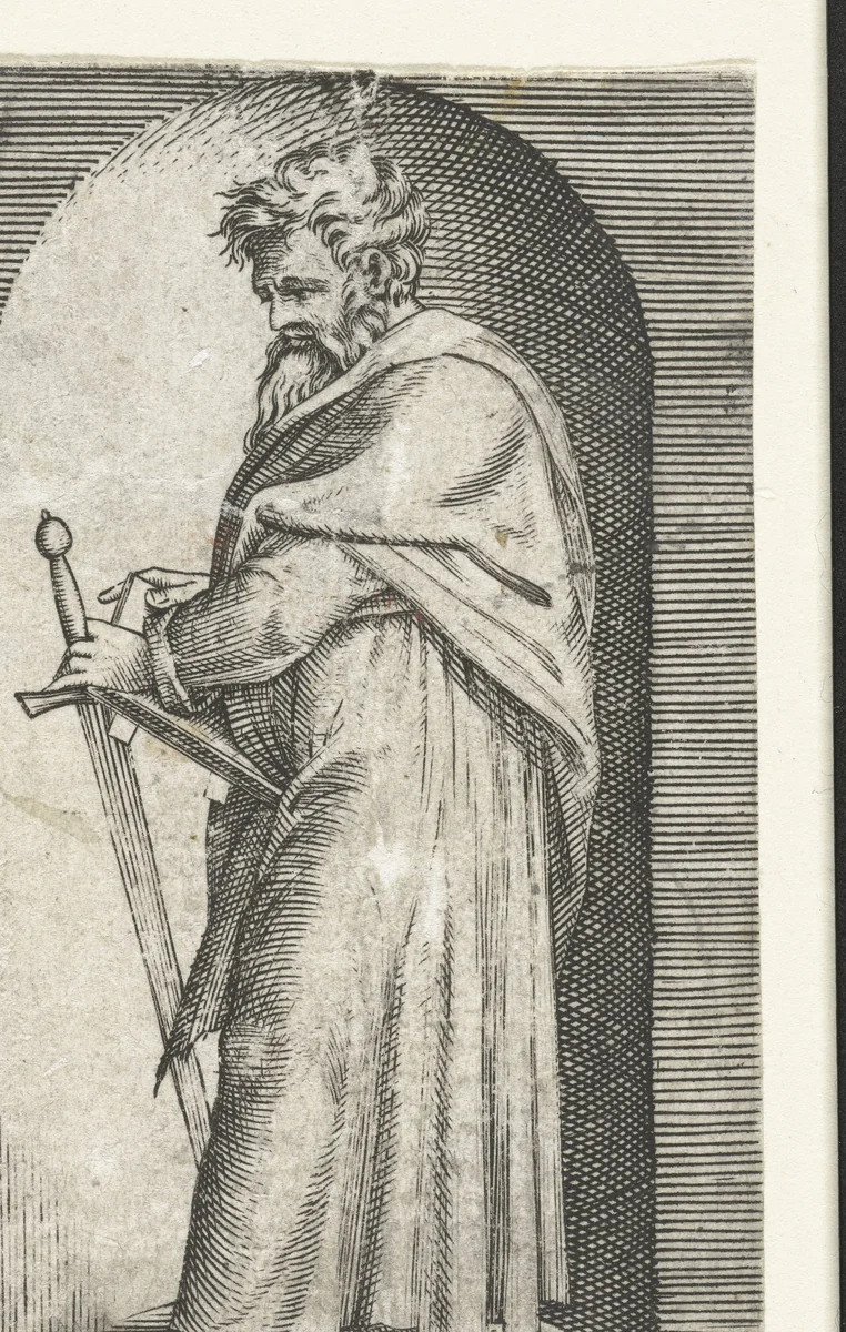 Apostel Paulus met zwaard staand in nis by anonymous, print, 1517-1577