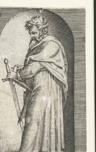 Apostel Paulus met zwaard staand in nis by anonymous, print, 1517-1577