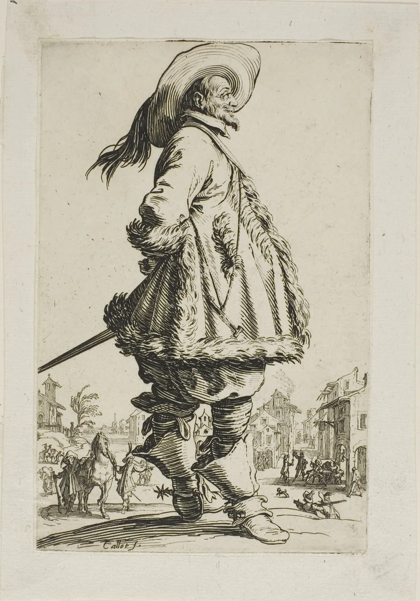 The Gentleman in a Fur-Trimmed Mantle, Holding his Hands Behind his Back, plate seven from La Noblesse by Jacques Callot, print, 1620-1623