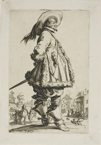 The Gentleman in a Fur-Trimmed Mantle, Holding his Hands Behind his Back, plate seven from La Noblesse by Jacques Callot, print, 1620-1623