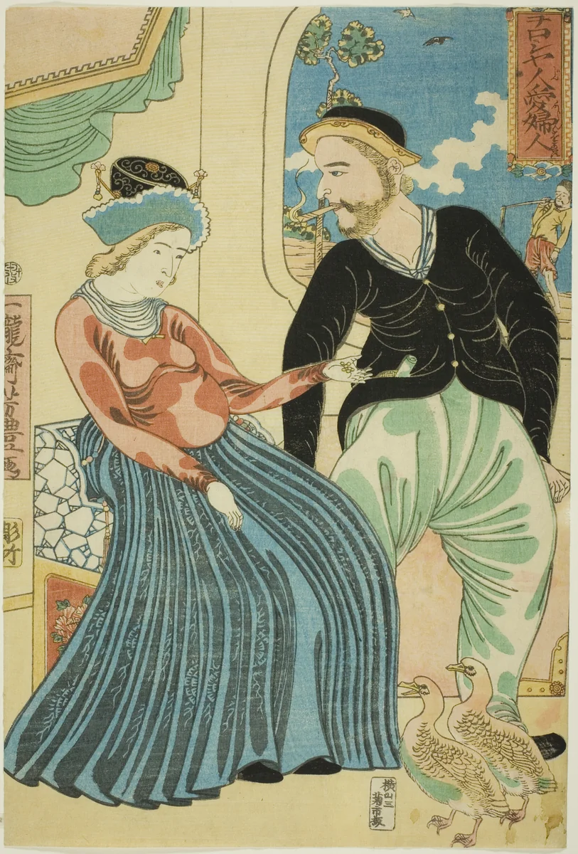 Russian's Love for a Lady (Oroshiyajin fujin wo aisu) by Utagawa Yoshitoyo, print, 1860