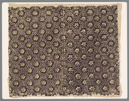 Blad met strooipatroon van uitgespaard bladmotief tussen grillige sterachtige vormen by anonymous, print, 1750-1900