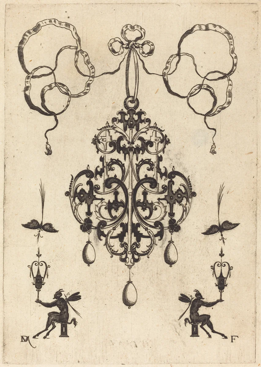 Large Pendant, Lower Left and Right Two Winged "Devils" Sitting on Pedestals by Daniel Mignot, print, 1596