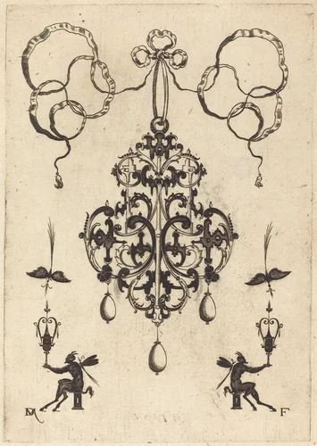 Large Pendant, Lower Left and Right Two Winged "Devils" Sitting on Pedestals by Daniel Mignot, print, 1596