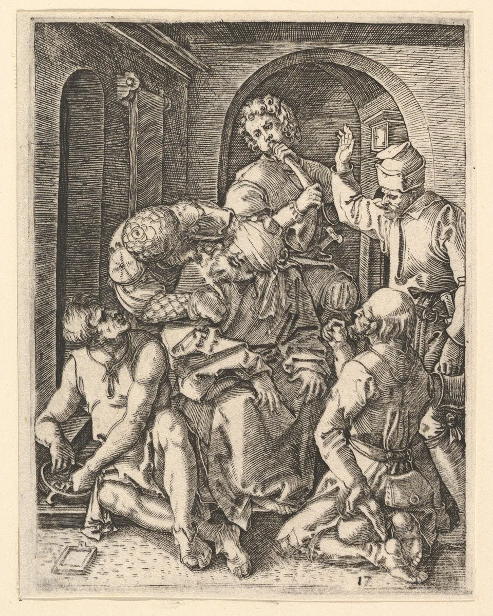 The mocking of Christ who is seated in center, blindfolded, from "The Passion of Christ", after Dürer by Marcantonio Raimondi, print, 1495-1539
