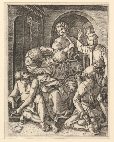 The mocking of Christ who is seated in center, blindfolded, from "The Passion of Christ", after Dürer by Marcantonio Raimondi, print, 1495-1539