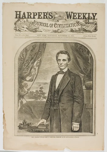 Hon. Abraham Lincoln, Born in Kentucky, February 12, 1809 by Winslow Homer, print, 1860