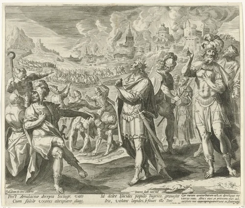 Davids soldaten dreigen hem te stenigen by Aegidius Sadeler, print, 1580-1596