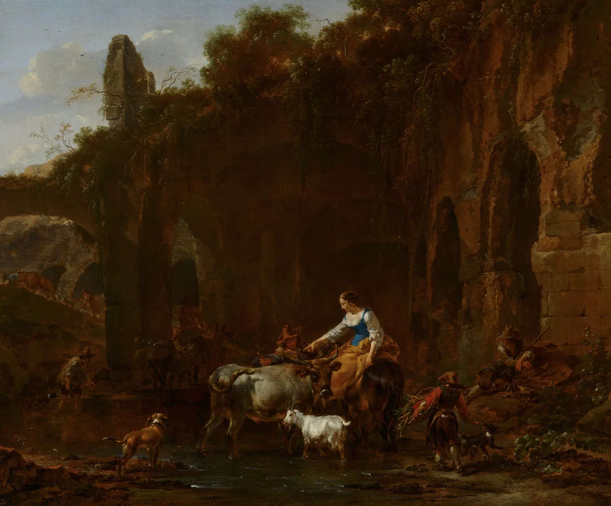 Shepherds beside Roman Ruins by Nicolaes Pietersz Berchem, painting, 1661