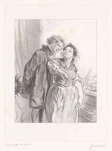 Man maakt schoonmaakster het hof by Paul Gavarni, print, 1857-1858