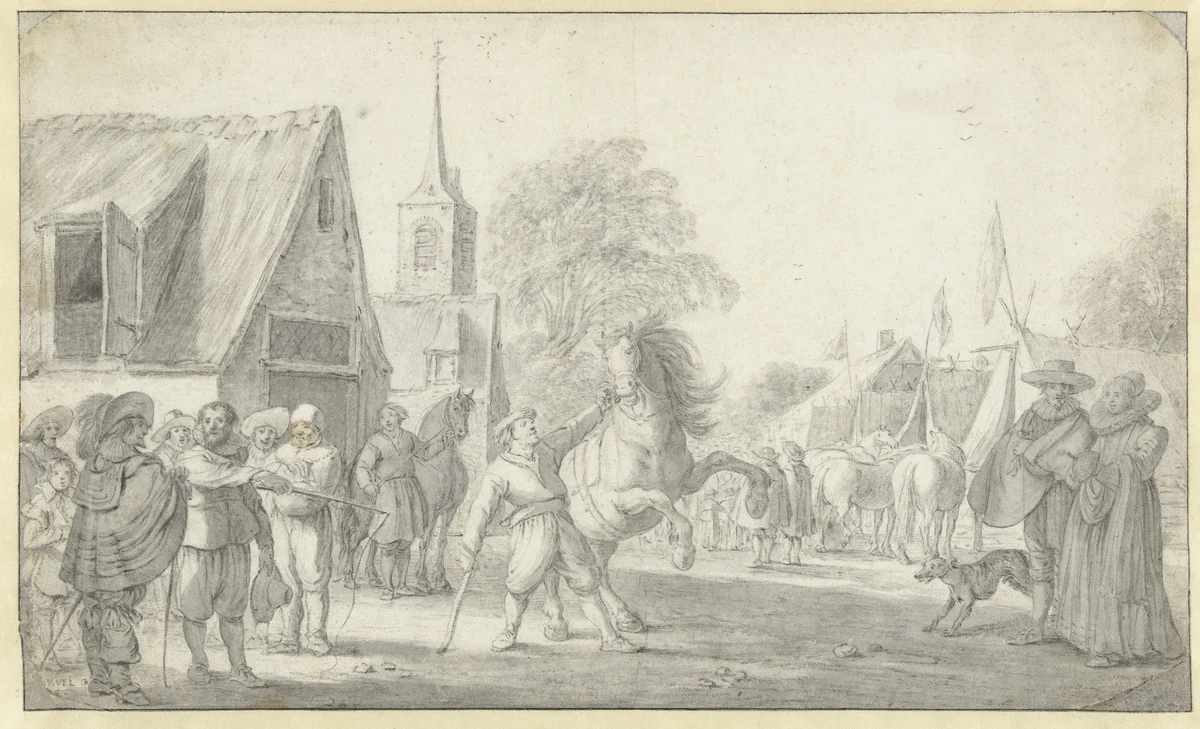 Paardenmarkt by Esaias van de Velde, drawing, 1600-1630
