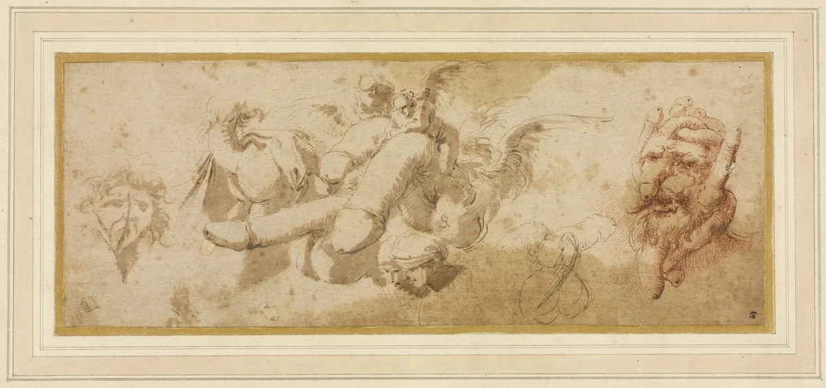 Sheet of Satirical Studies (Amorini Riding Phalli) by Salvator Rosa, drawing, 1645-1665