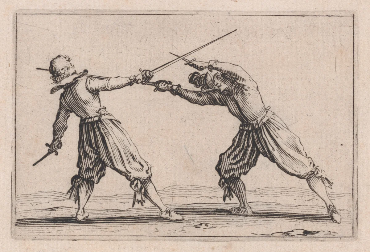 Le Duel a l'Épée et au Poignard (The Duel with the Sword and Dagger), from "Les Caprices" Series B, The Nancy Set by Jacques Callot, print, 1617-1620