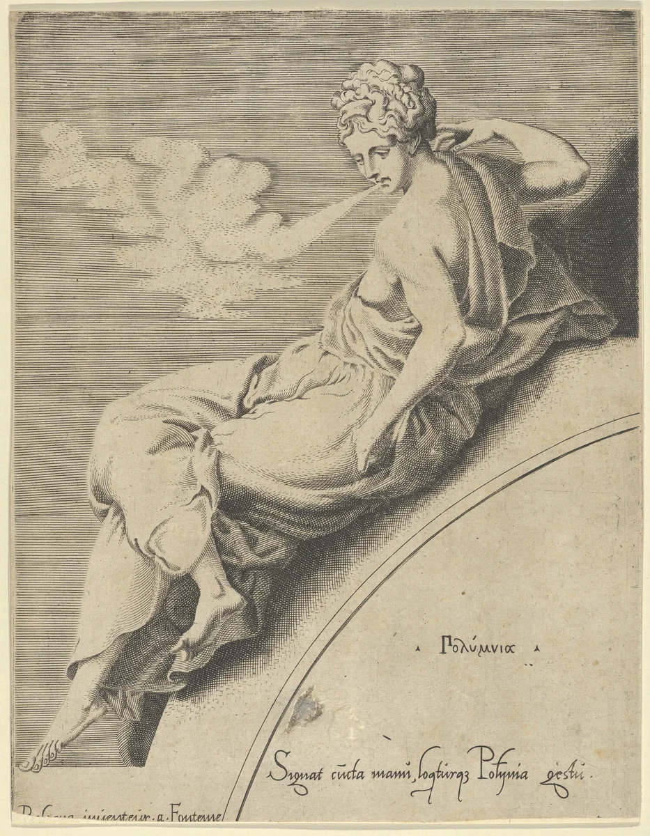 Polyhymnia, from "The Muses and the Three Great Goddesses" by anonymous, print, 1535-1550