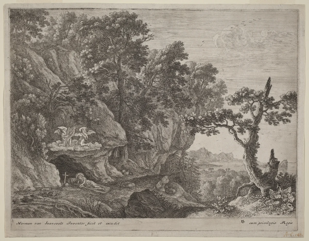 The Repentant Magdalene in a Landscape by Herman van Swanevelt, print, 1600-1655