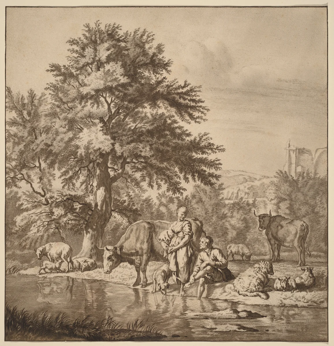 Shepherd and Shepherdess with Their Flock by Cornelis Ploos van Amstel; Adriaen van de Velde, print, 1763-1765