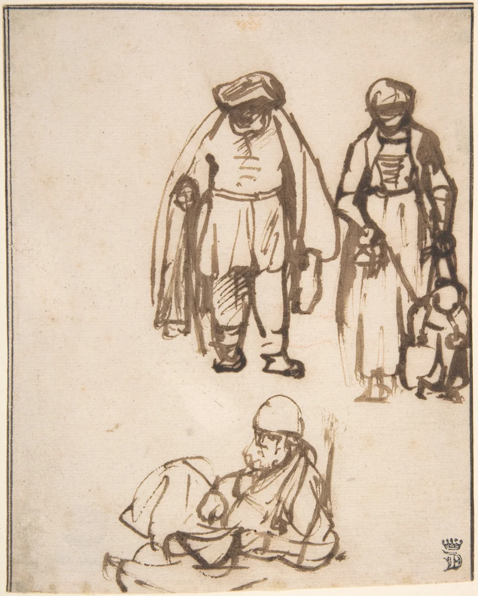 Studies of Two Men and a Woman Teaching a Child to Walk by Nicolaes Maes, drawing, 1645-1650