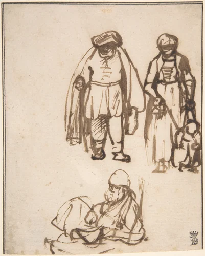 Studies of Two Men and a Woman Teaching a Child to Walk by Nicolaes Maes, drawing, 1645-1650