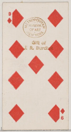 Nine Diamonds (red), from the Playing Cards series (N84) for Duke brand cigarettes by W. Duke, Sons & Co., print, 1888