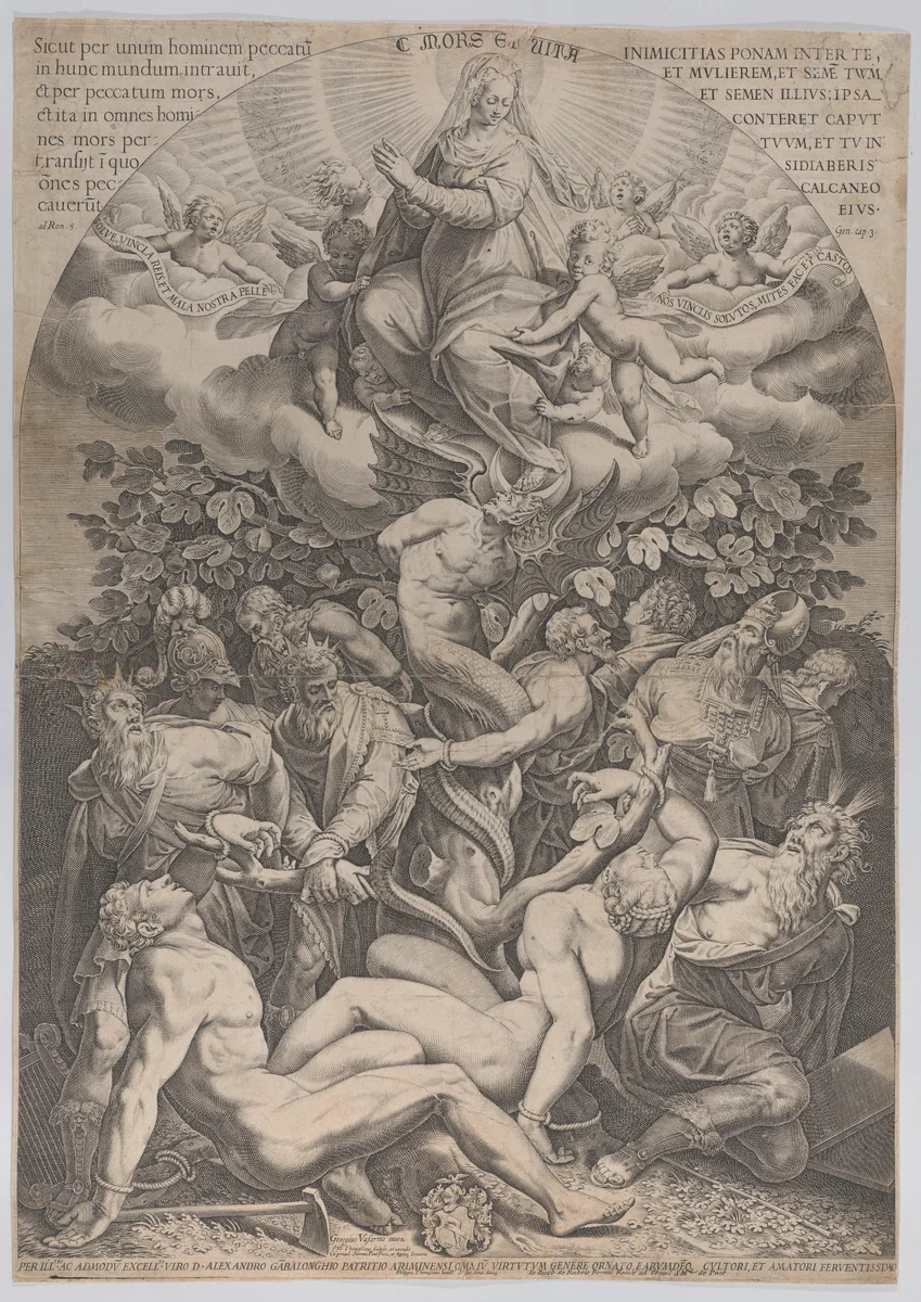 Allegory of the Immaculate Conception, with Adam, Eve, kings, priest, soldier and Moses tied at the bottom of a fig tree, and the Virgin sitting on cloud overhead, surrounded by angels by Philippe Thomassin, print, 1611-1612