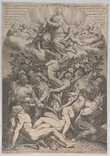 Allegory of the Immaculate Conception, with Adam, Eve, kings, priest, soldier and Moses tied at the bottom of a fig tree, and the Virgin sitting on cloud overhead, surrounded by angels by Philippe Thomassin, print, 1611-1612