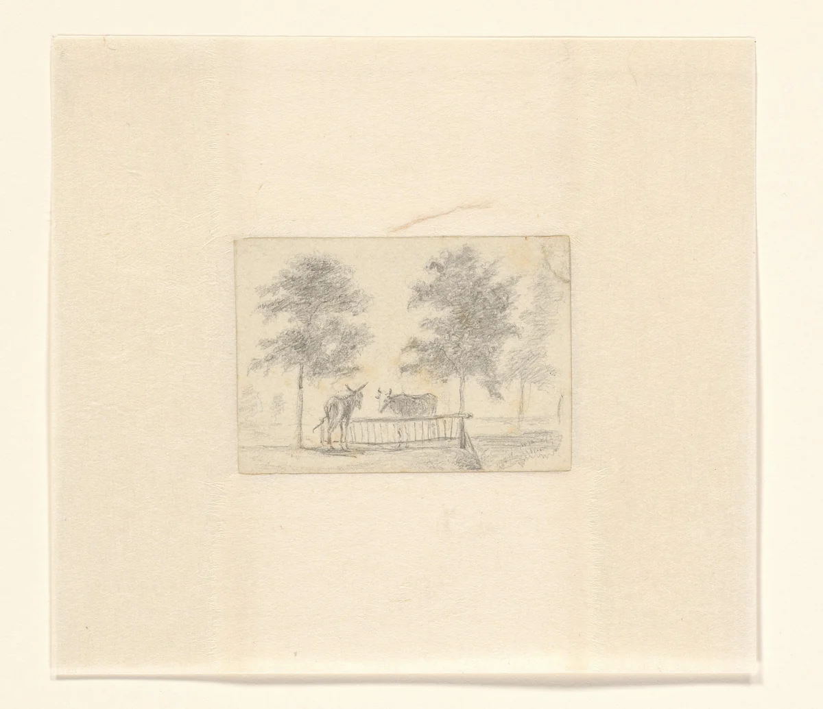 Koe en een ezel bij een hek by Louis Charles Hora Siccama, drawing, 1817-1880