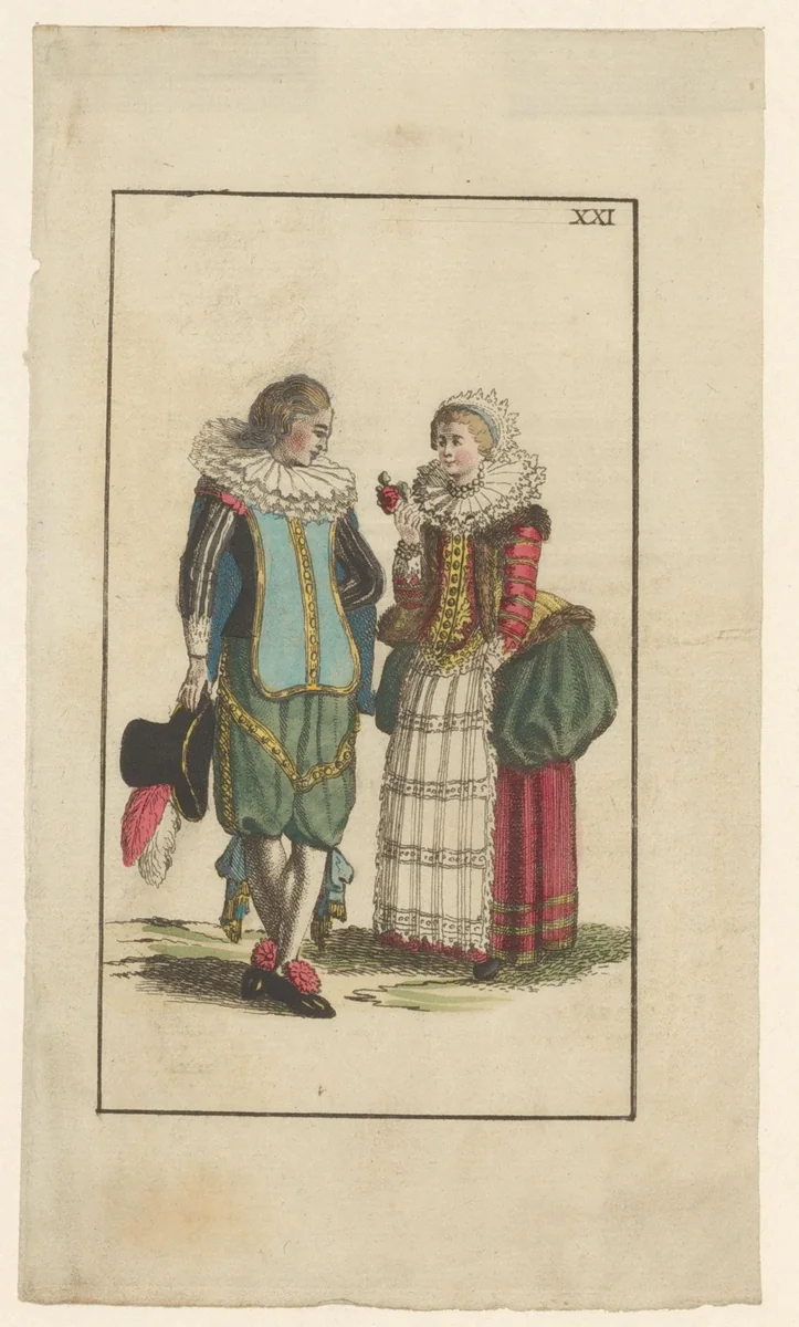 Staande man en vrouw in kleding van ca. 1625 by anonymous, print, 1791-1794