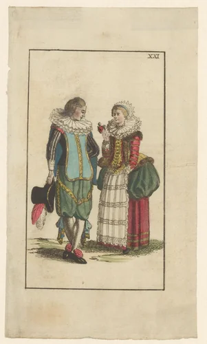 Staande man en vrouw in kleding van ca. 1625 by anonymous, print, 1791-1794