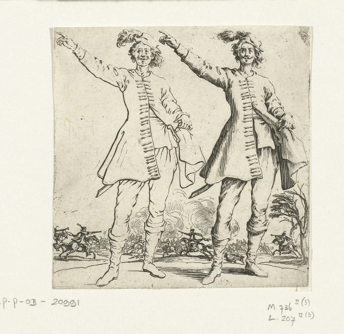 Tweemaal dezelfde soldaat met kleine gepluimde hoed en opgeheven arm, van voren gezien by Jacques Callot, print, 1621-1624