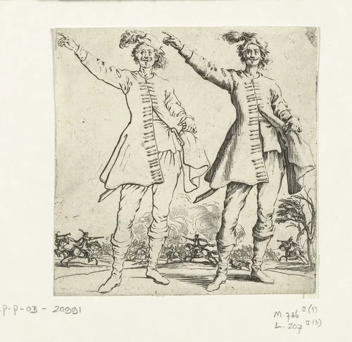 Tweemaal dezelfde soldaat met kleine gepluimde hoed en opgeheven arm, van voren gezien by Jacques Callot, print, 1621-1624