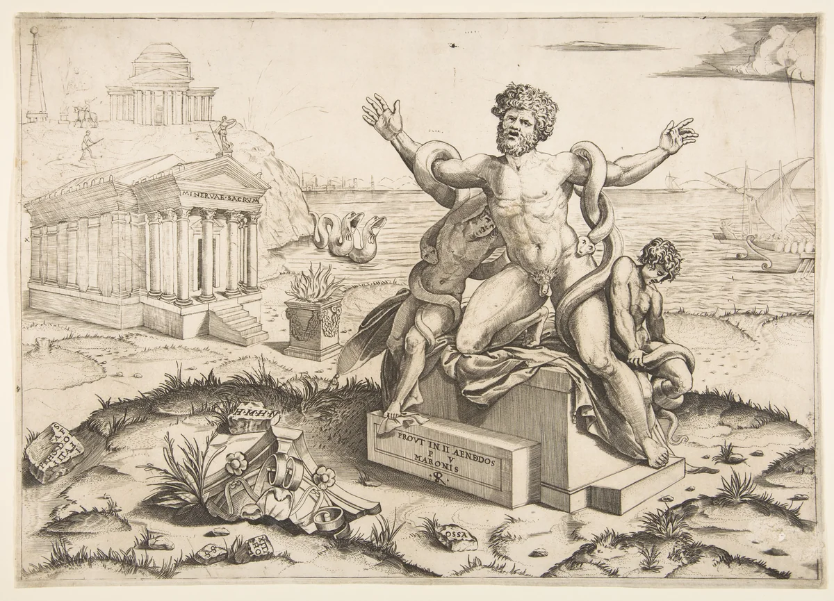 Laocoön and his two sons being attacked by serpents upon a pedestal, a temple to Minerva behind them, another temple and the sea in the background by Marco Dente, print, 1510-1532