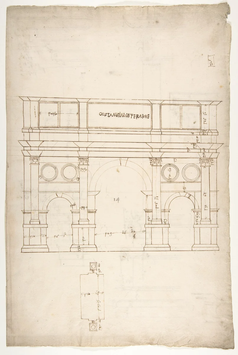 Arch of Constantine, elev, partial plan (recto) Arch of Constantine, profiles of base, shaft and entablature (verso) by anonymous, drawing, 1540-1560