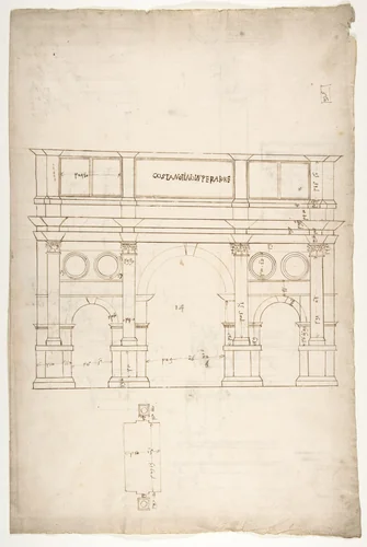 Arch of Constantine, elev, partial plan (recto) Arch of Constantine, profiles of base, shaft and entablature (verso) by anonymous, drawing, 1540-1560