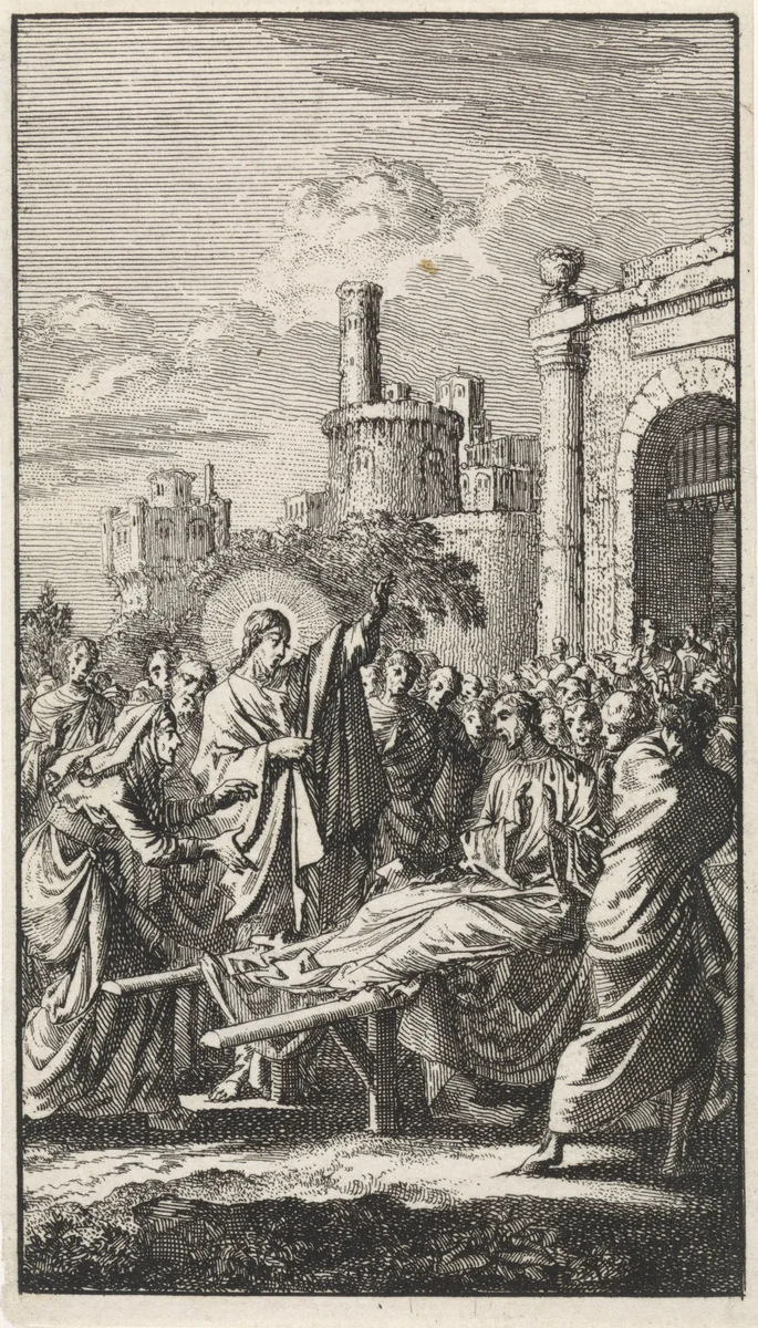 Opwekking van de zoon van de weduwe van Naïn by Jan Luyken, print, 1712