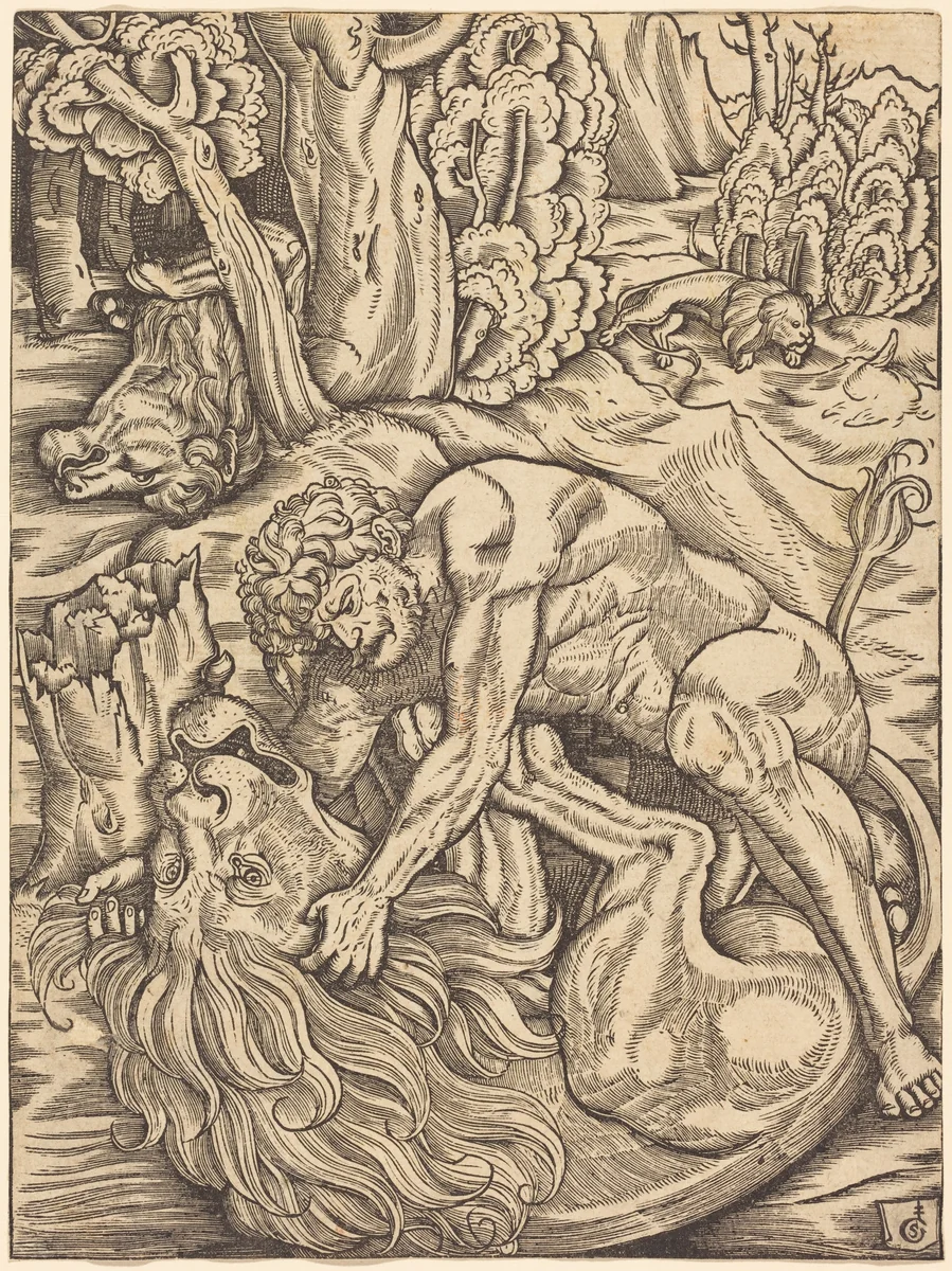 Hercules and the Nemean Lion by Gabriel Salmon, print, 1523-1533