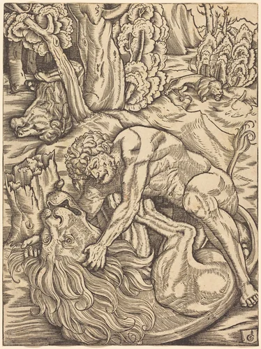 Hercules and the Nemean Lion by Gabriel Salmon, print, 1523-1533