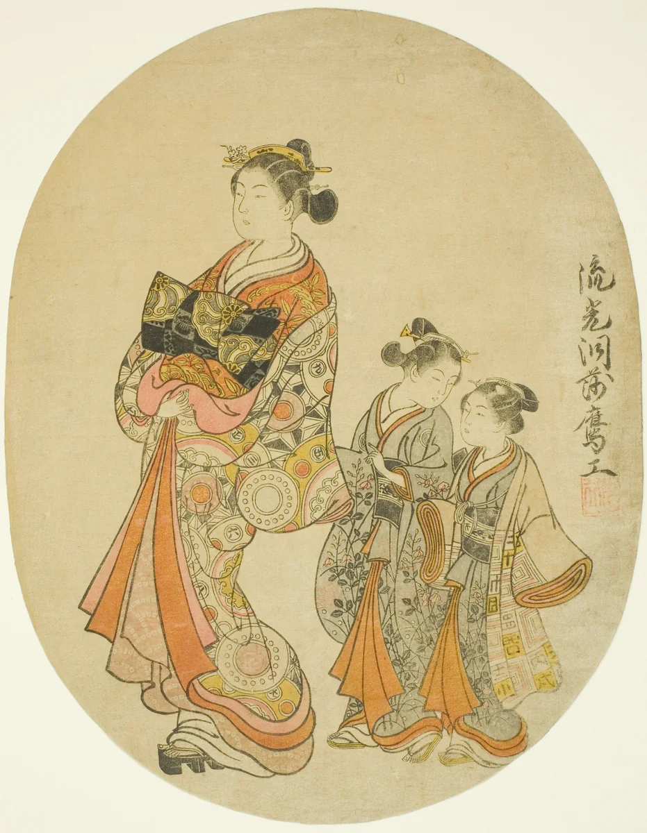 Courtesan and Two Kamuro by Komatsuya Hyakki, print, 1761-1771