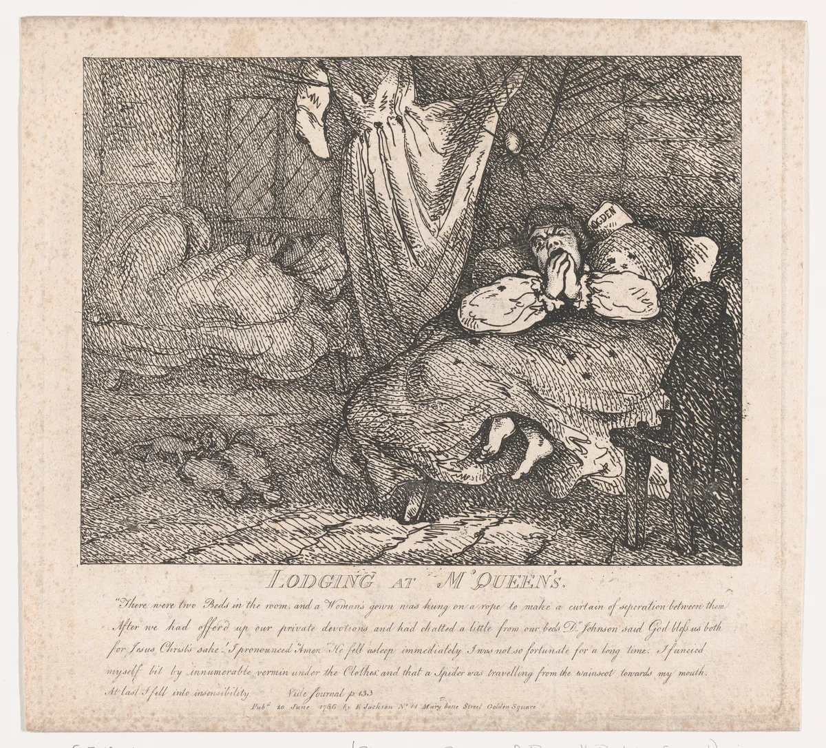 Lodging at M'Queen's (Picturesque Beauties of Boswell, Part the Second) by Thomas Rowlandson, print, 1786