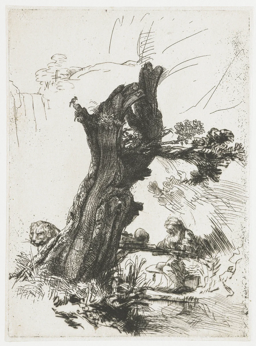 St Jerome beside a pollard willow by Rembrandt van Rijn, print, 1648