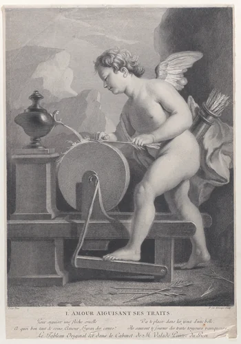 Cupid Sharpening His Arrows by Pierre Charles Lévesque, print, 1770