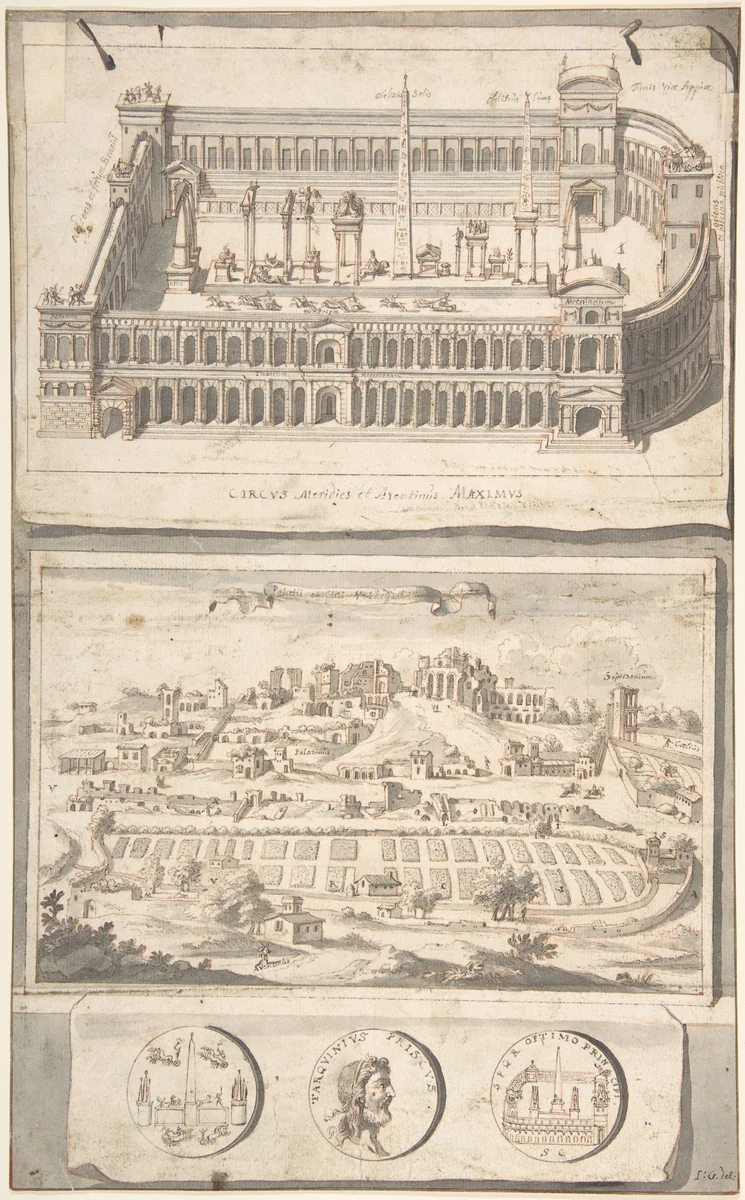Reconstruction of the Circus Maximus (above) and a View of the Site (below) by Jan Goeree, drawing, 1690-1704
