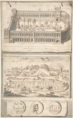 Reconstruction of the Circus Maximus (above) and a View of the Site (below) by Jan Goeree, drawing, 1690-1704