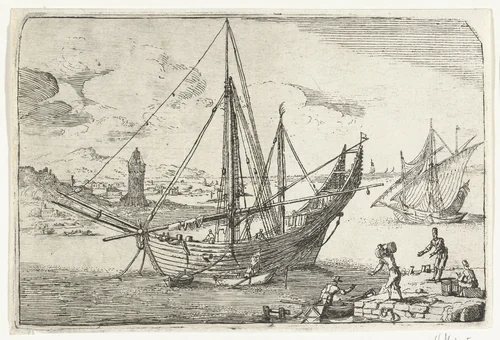 Bark voor anker bij de haven van Messina by Abraham Casembroot, print, 1603-1658