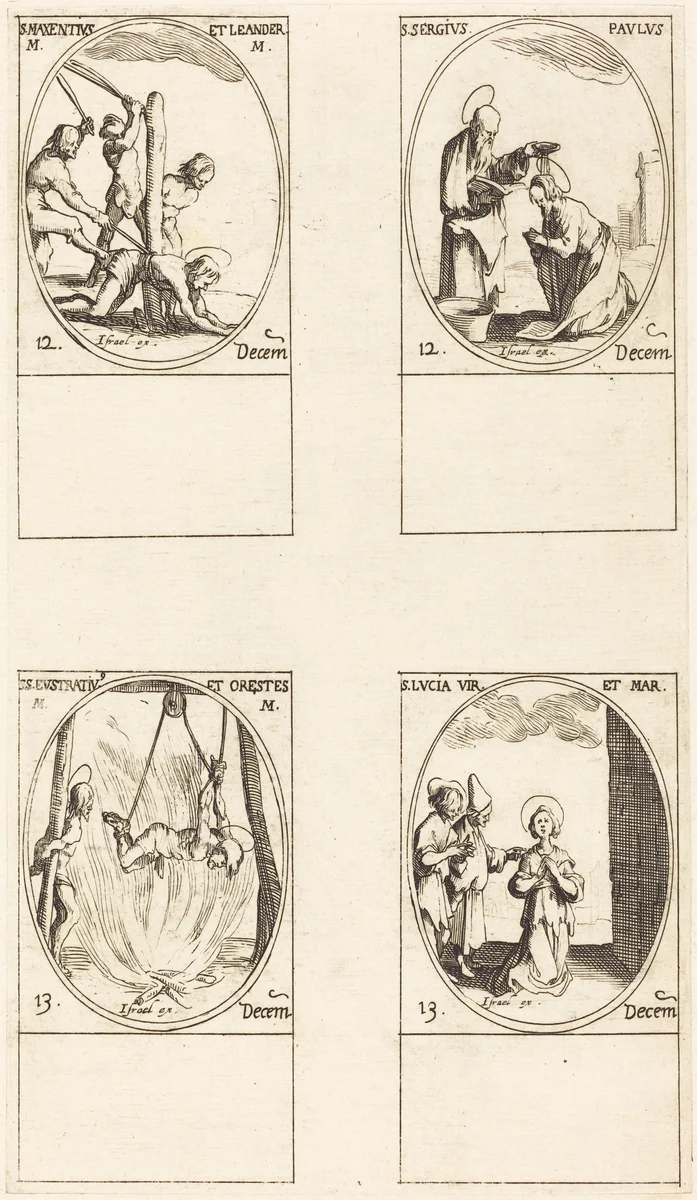 Sts. Maxentius & Leander; Sts. Sergius & Paul; Sts. Eustratius & Orestes; St. Lucy by Jacques Callot, print, 1627-1637