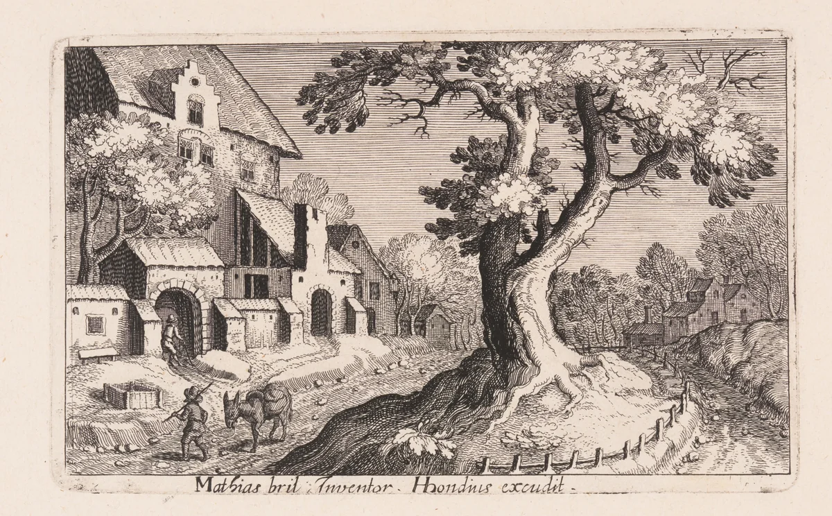 Man with a Donkey walking by a Village, from Topographia Variarum Regionum by Simon Frisius, print, 1614