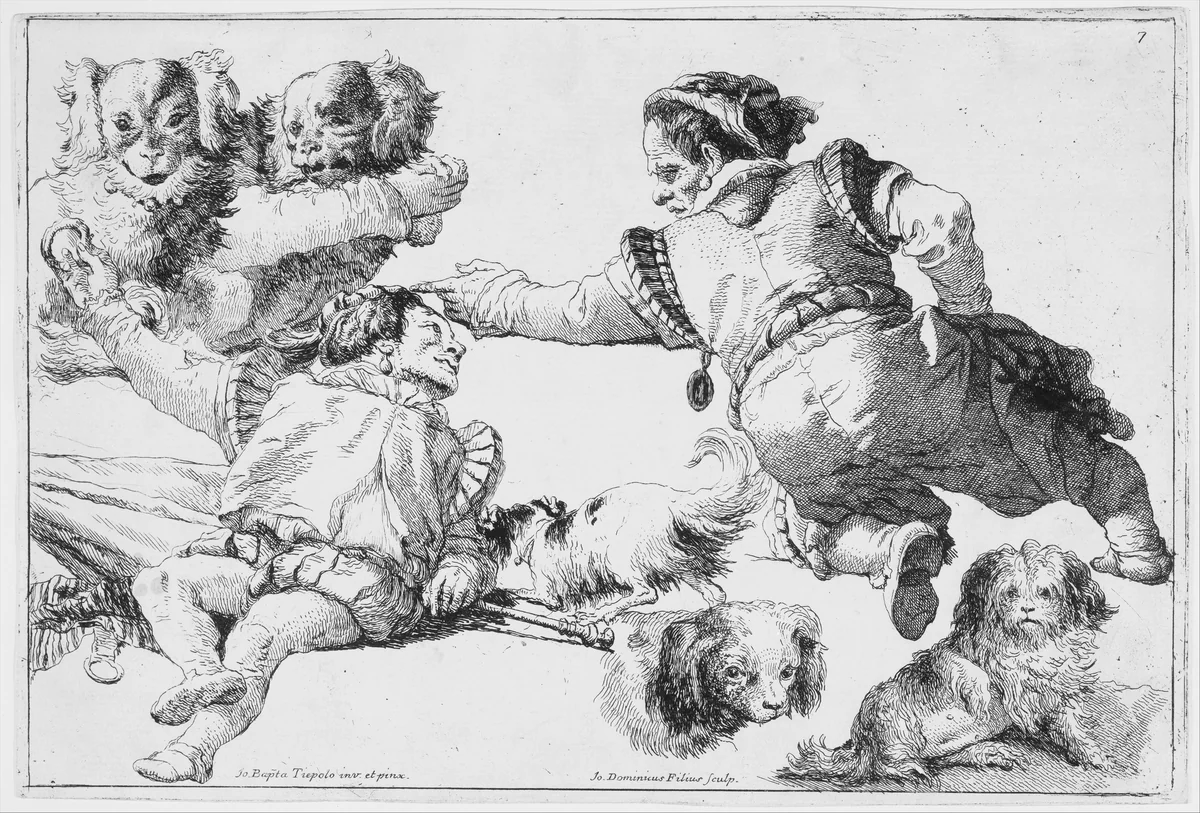 Studies of Dwarfs and Dogs by Giovanni Domenico Tiepolo, print, 1748-1758