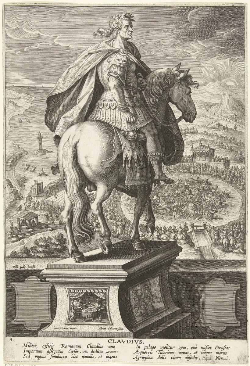 Keizer Claudius te paard by Unknown, print, 1587-1589