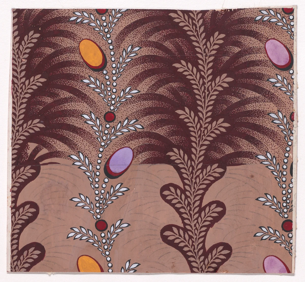 Textile Design with Alternating Vertical Garlands of Stylized Leaves and Undulating Strips of Pearls with Offsetting Stylized Leaves and Ovals by anonymous, drawing, 1840