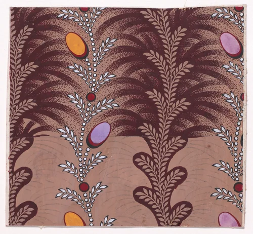 Textile Design with Alternating Vertical Garlands of Stylized Leaves and Undulating Strips of Pearls with Offsetting Stylized Leaves and Ovals by anonymous, drawing, 1840