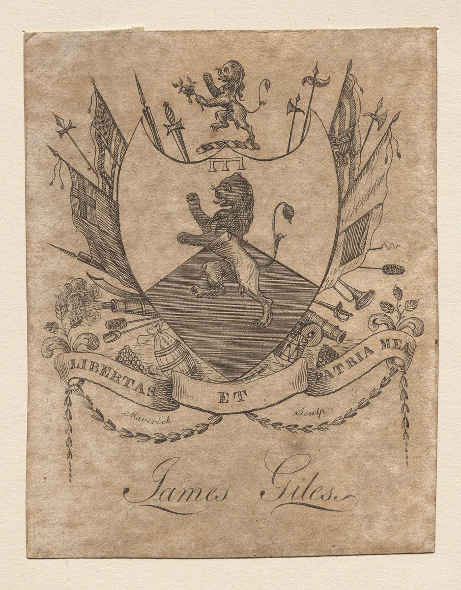 Bookplate: Coat of Arms with James Giles inscribed below by Peter Rushton Maverick, print